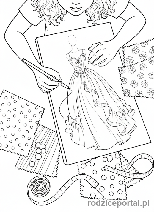 Kolorowanka Twórcze Zadania - Dziewczynka projektująca sukienkę