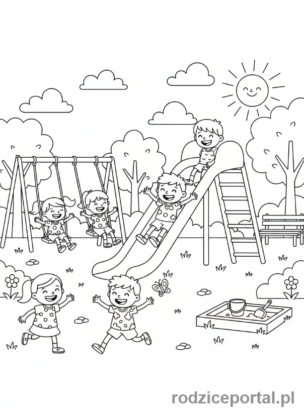 Kolorowanka Tydzień Dziecka - Dzieci bawiące się w parku