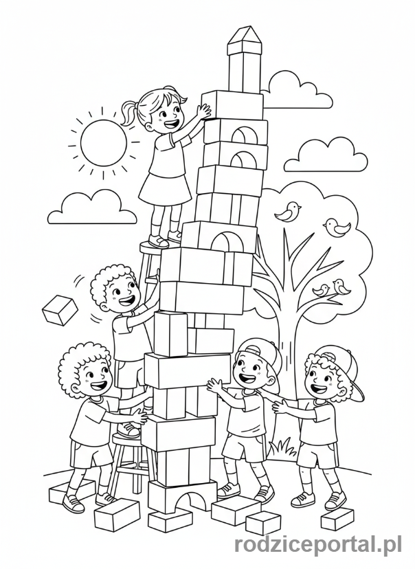 Kolorowanka Tydzień Dziecka - Dzieci budujące z klocków