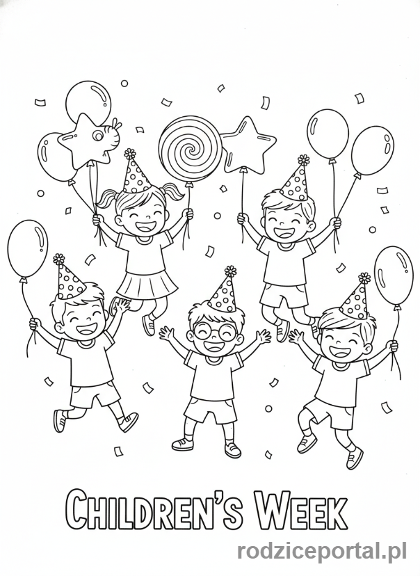 Kolorowanka Tydzień Dziecka - Dzieci na przyjęciu z balonami