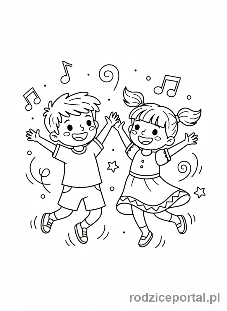 Kolorowanka Tydzień Dziecka - Dzieci tańczące radośnie