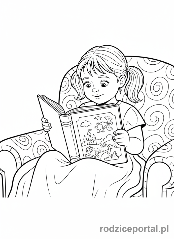 Kolorowanka Tydzień Dziecka - Dziewczynka czytająca książkę