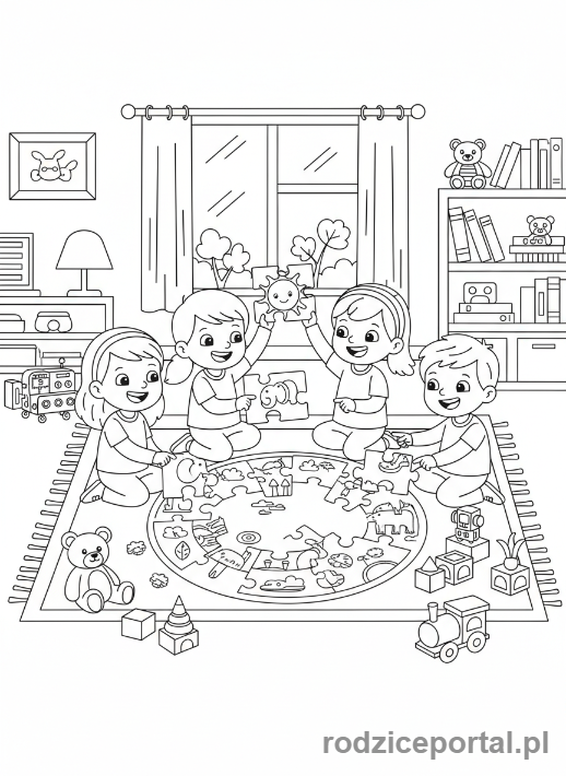 Kolorowanka Układanki - Grupa dzieci układa dużą podłogową układankę