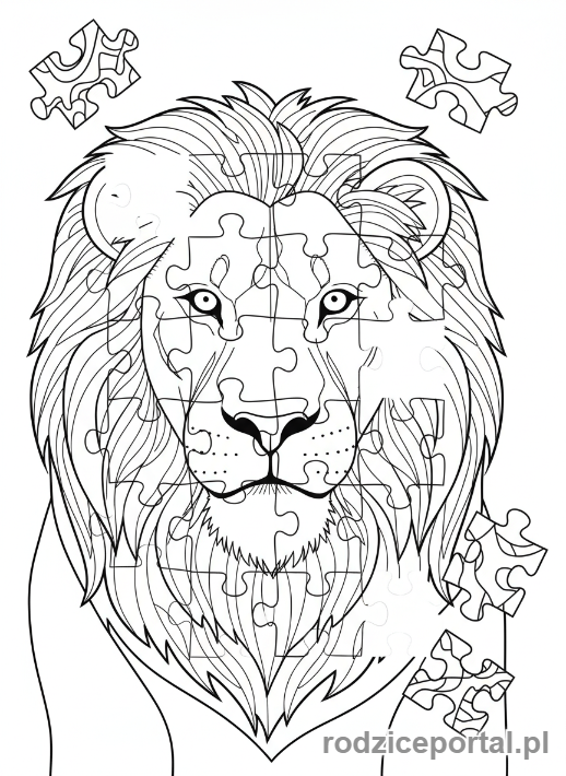 Kolorowanka Układanki - Puzzle z motywem zwierzęcym, głowa lwa