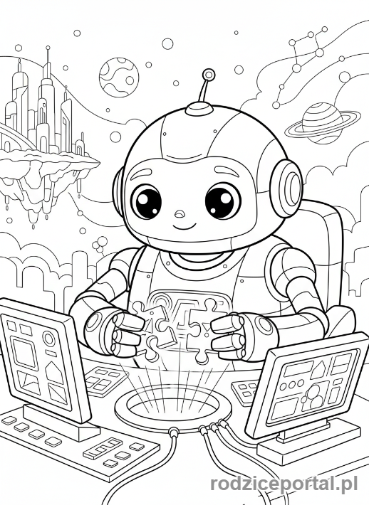 Kolorowanka Układanki - Robot składa futurystyczne puzzle