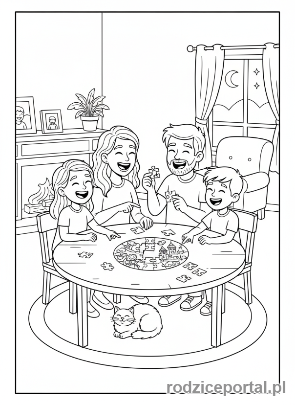 Kolorowanka Układanki - Rodzina cieszy się wieczorem z puzzlami