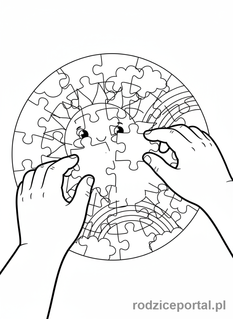 Kolorowanka Układanki - Zbliżenie na dłonie układające puzzel