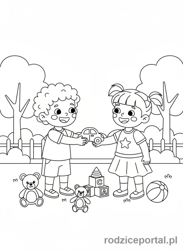Kolorowanka Umiejętności Społecznych - Dzieci dziela sie zabawkami