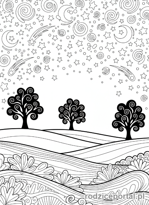 Kolorowanka Uspokajające - Gwieździsta noc krajobraz