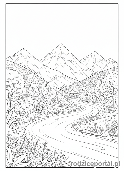 Kolorowanka Uspokajające - Spokojna rzeka góry