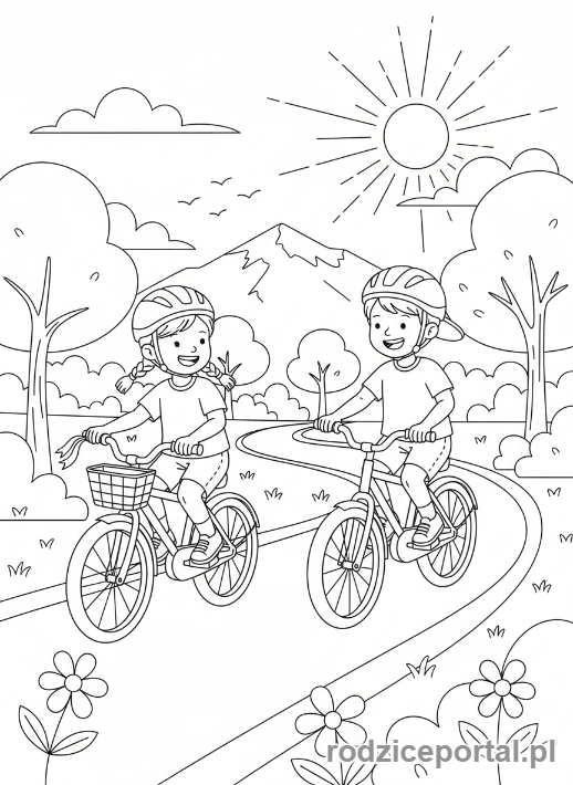 Kolorowanka Wakacyjne Aktywności - Dzieci jadące na rowerach