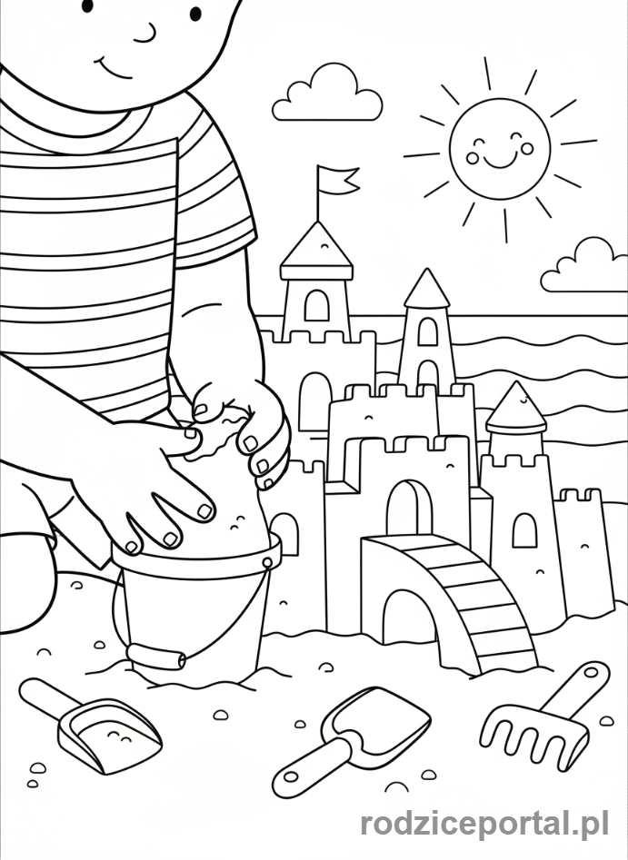 Kolorowanka Wakacyjne Aktywności - Dziecko budujące zamek z piasku