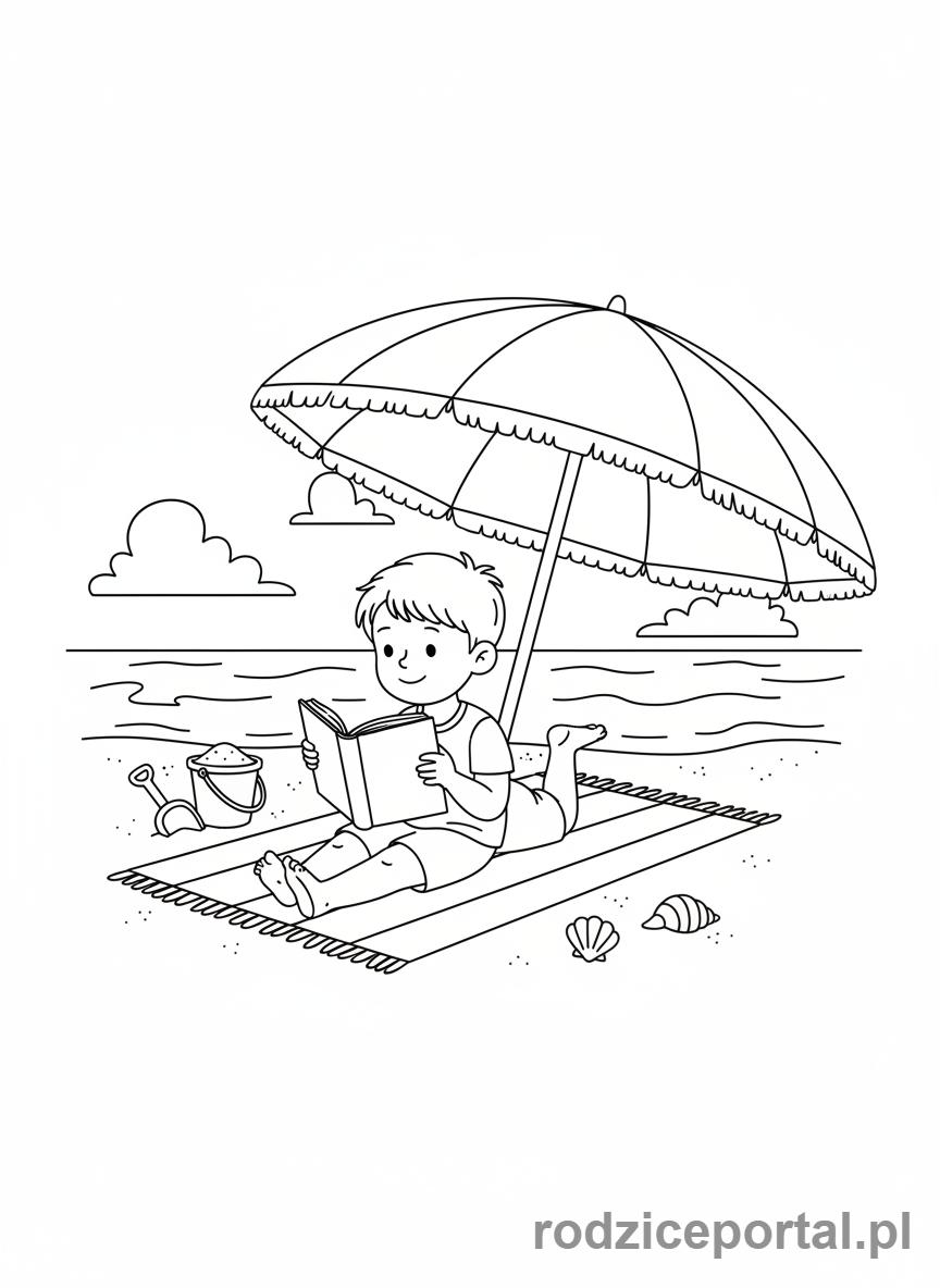 Kolorowanka Wakacyjne Aktywności - Dziecko czytające książkę