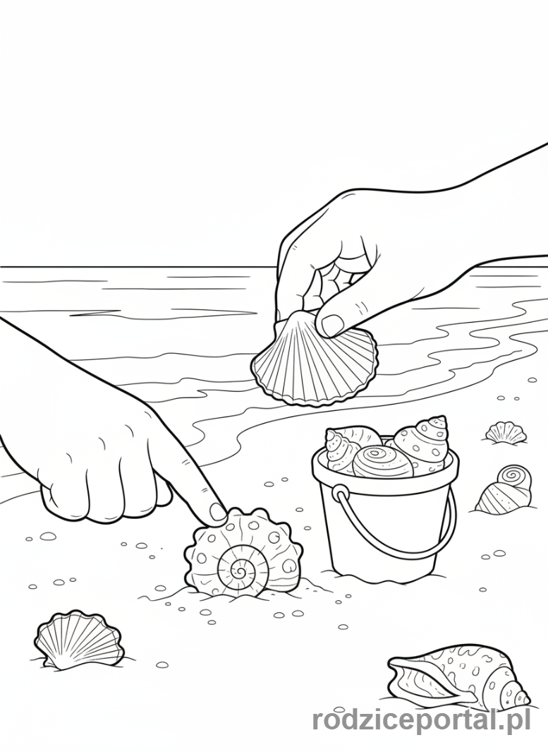 Kolorowanka Wakacyjne Aktywności - Dziecko zbierające muszelki