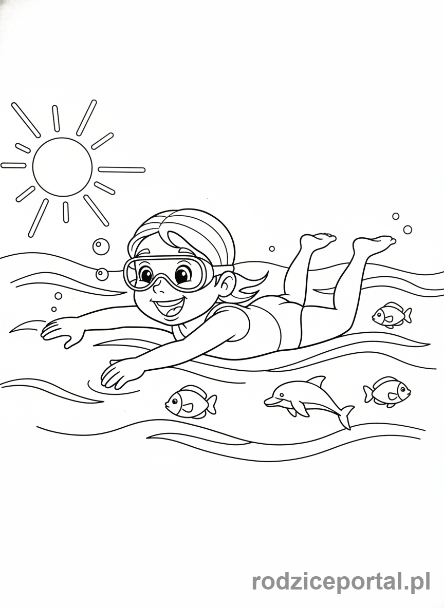 Kolorowanka Wakacyjne Aktywności - Dziewczynka pływająca w morzu
