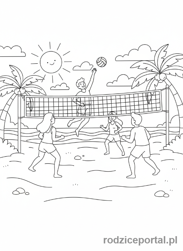 Kolorowanka Wakacyjne Aktywności - Grupa grająca w siatkówkę plażową