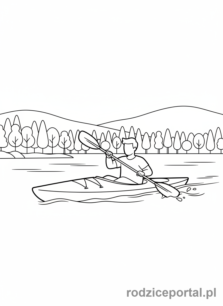Kolorowanka Wakacyjne Aktywności - Osoba pływająca kajakiem po jeziorze