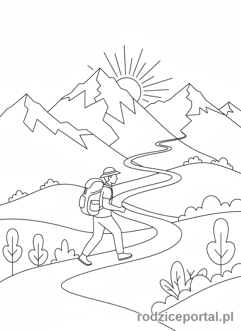Kolorowanka Wakacyjne Aktywności - Osoba wędrująca po górach