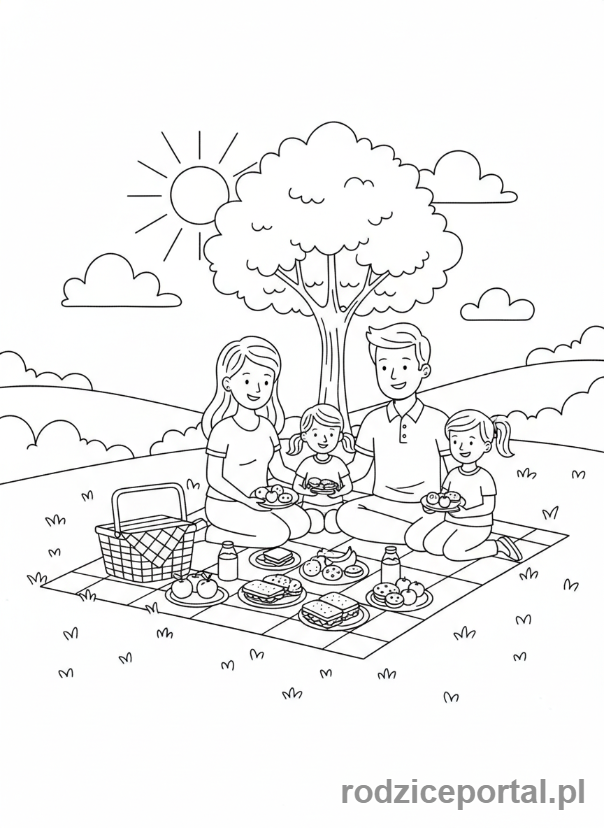 Kolorowanka Wakacyjne Aktywności - Rodzina na pikniku w parku