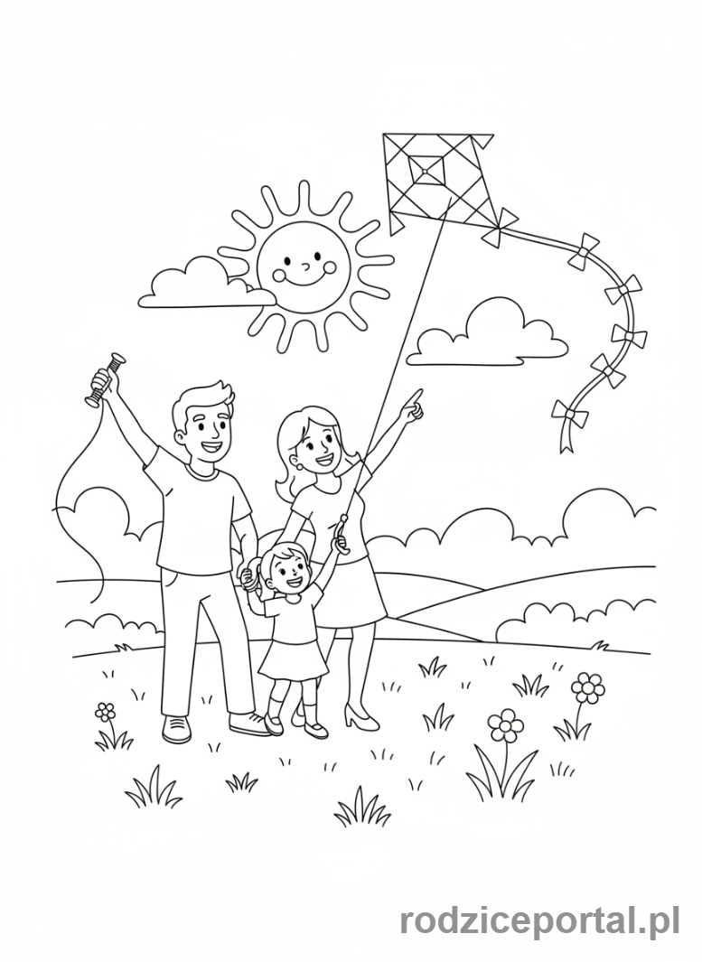 Kolorowanka Wakacyjne Aktywności - Rodzina puszczająca latawiec