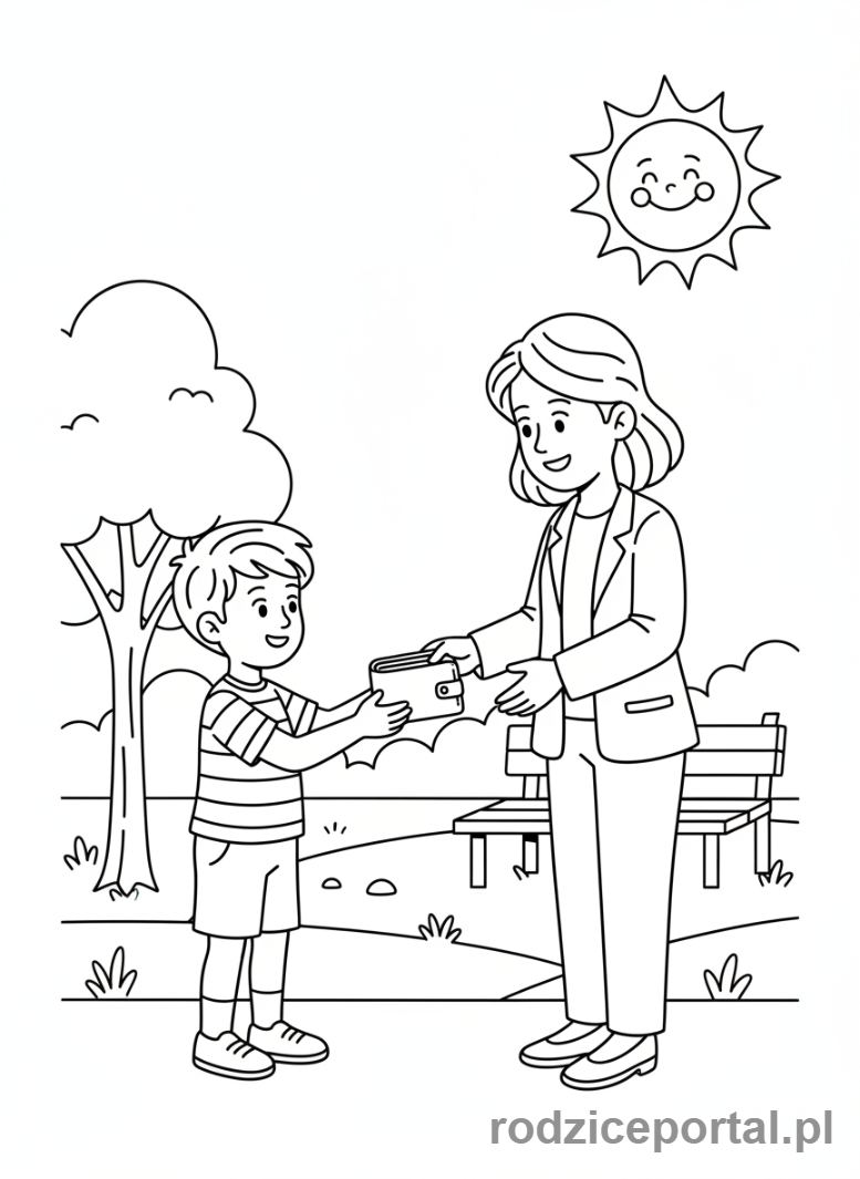 Kolorowanka Wartości - Chlopiec oddajacy portfel.