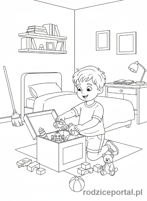Kolorowanka Wartości - Chlopiec sprzata pokoj.