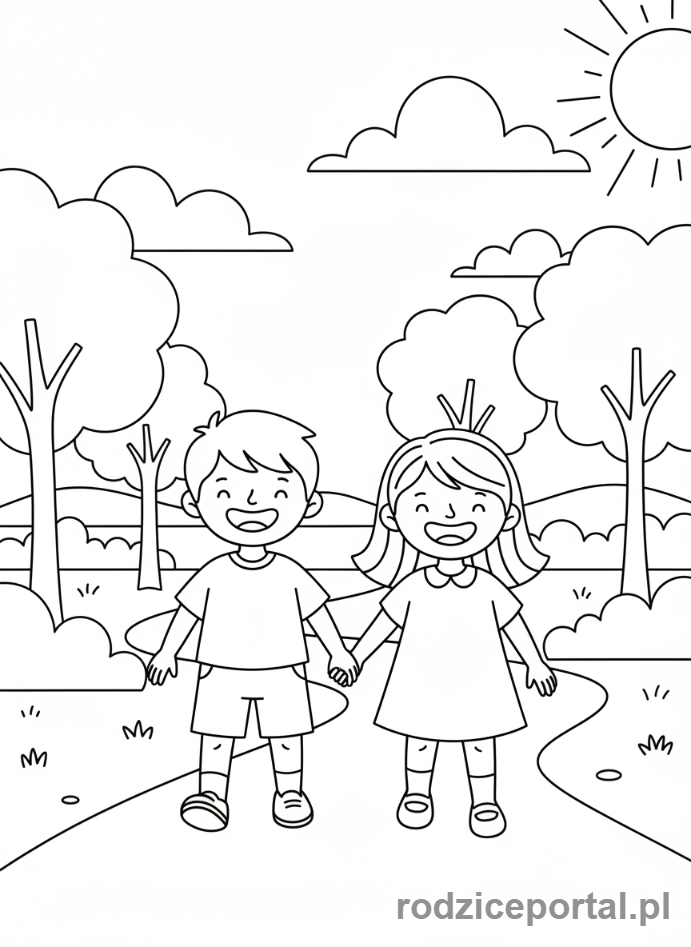 Kolorowanka Wartości - Dzieci trzymajace sie za rece.