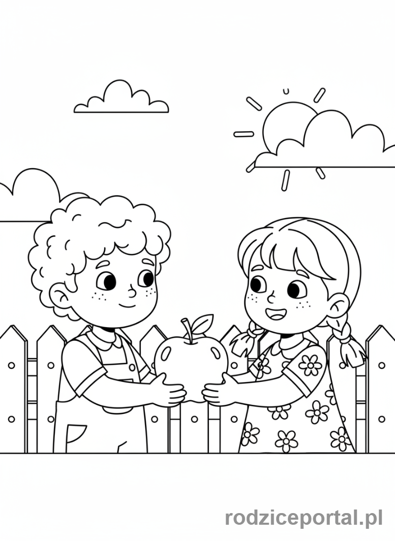 Kolorowanka Wartości - Dziecko dzieli sie owocami.