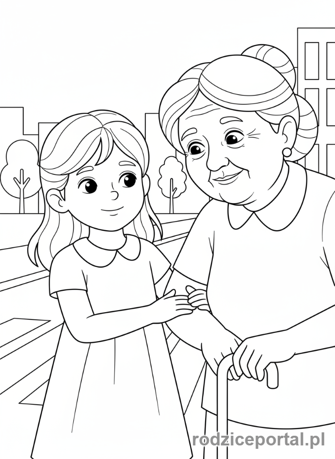 Kolorowanka Wartości - Dziewczynka pomaga staruszce.
