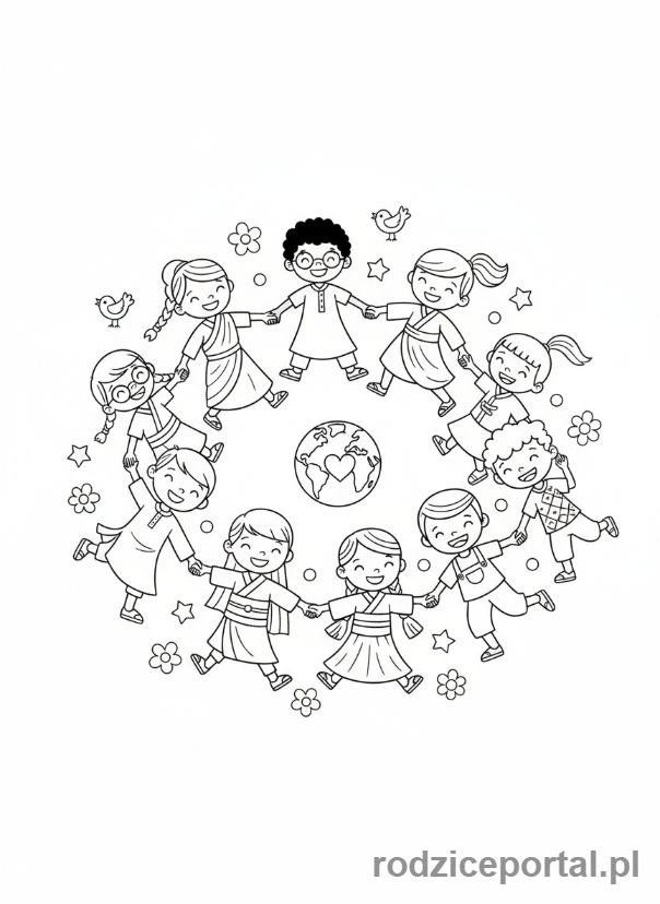 Kolorowanka Wartości - Rozne dzieci bawia sie razem.