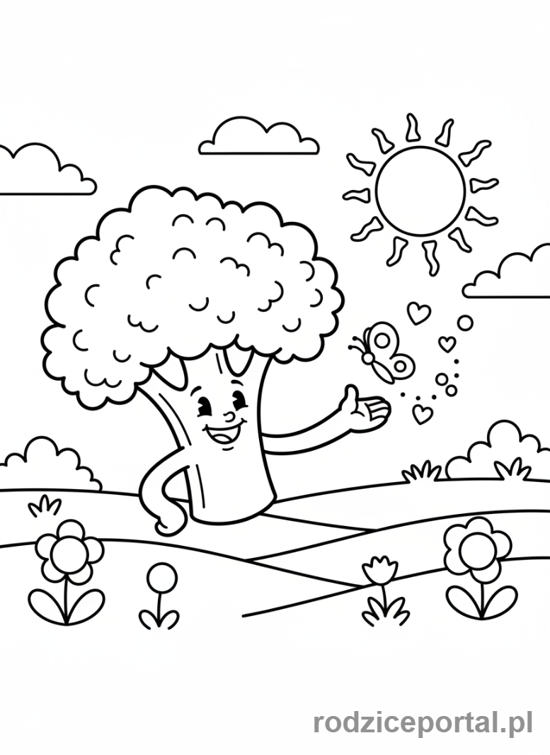 Kolorowanka Warzywa - Brokuł i motylek