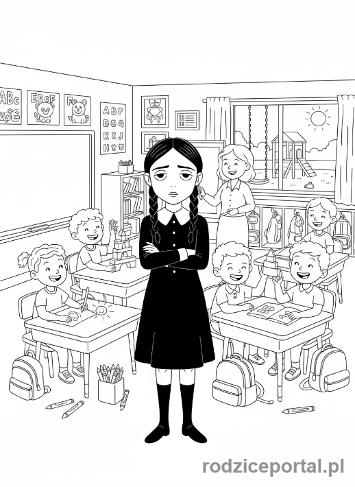 Kolorowanka Wednesday - Młoda Wednesday w szkole podstawowej