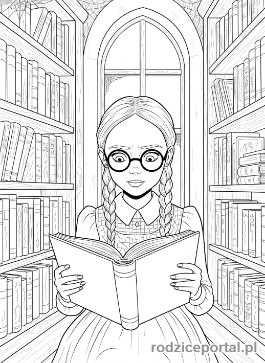 Kolorowanka Wednesday - Wednesday czytająca w bibliotece