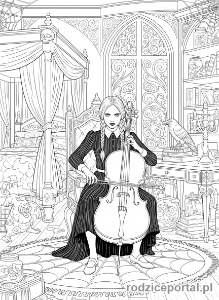 Kolorowanka Wednesday - Wednesday grająca na wiolonczeli