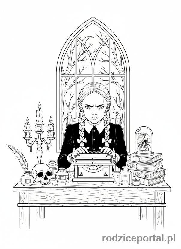 Kolorowanka Wednesday - Wednesday pisząca na maszynie