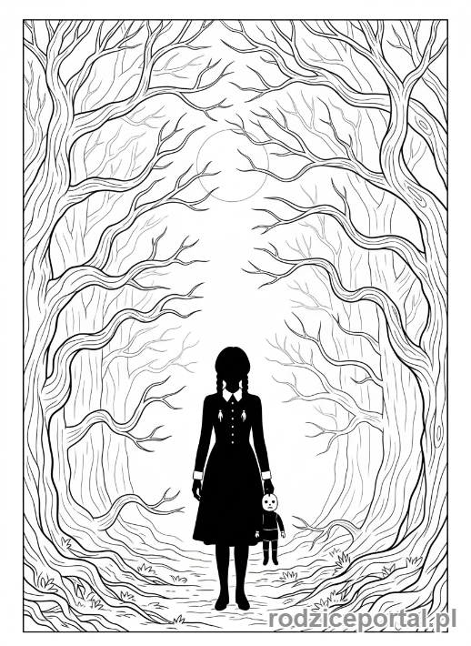 Kolorowanka Wednesday - Wednesday stojąca w lesie