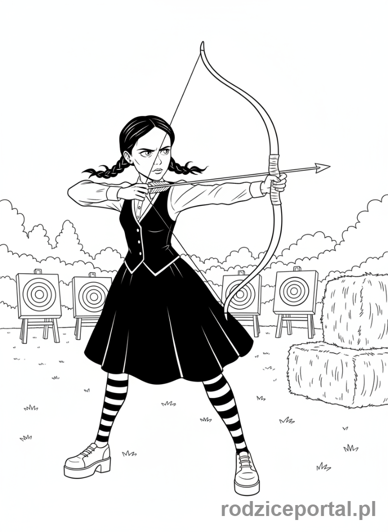 Kolorowanka Wednesday - Wednesday strzelająca z łuku