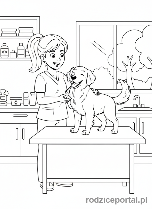 Kolorowanka Weterynarz - Weterynarz bada psa