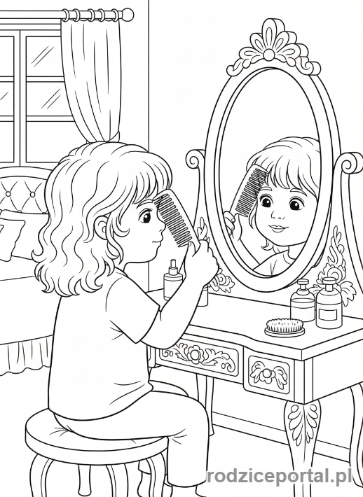 Kolorowanka Wieczorna Rutyna - Dziecko czesze włosy