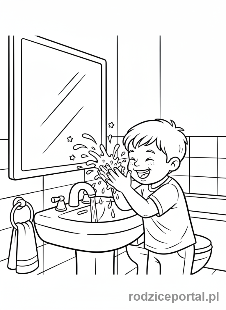 Kolorowanka Wieczorna Rutyna - Dziecko myje buzię