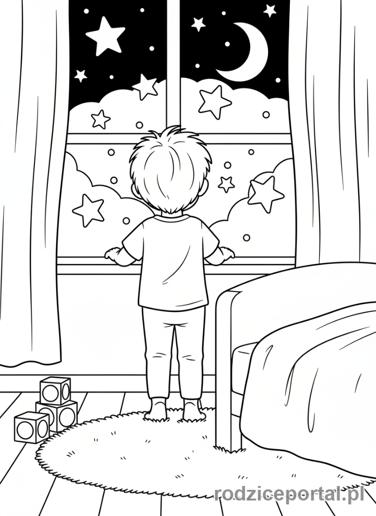 Kolorowanka Wieczorna Rutyna - Dziecko patrzy w okno