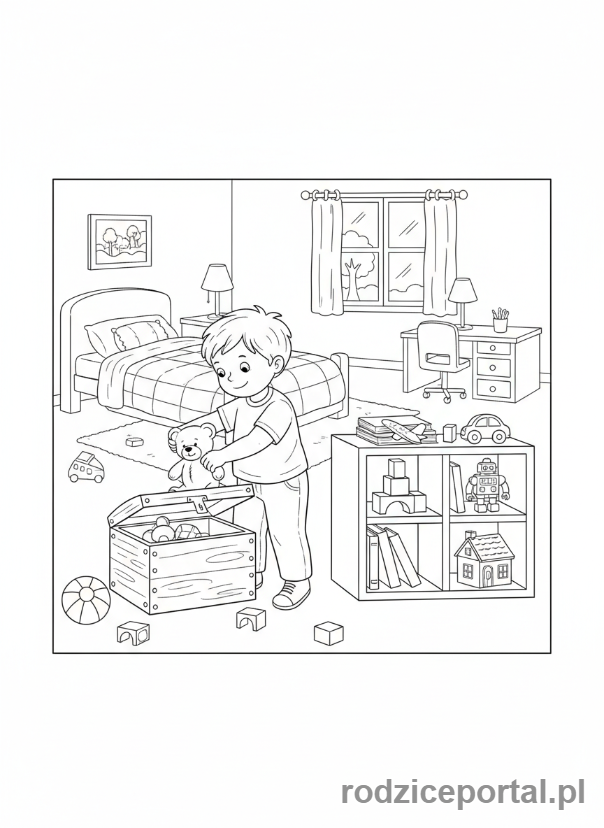 Kolorowanka Wieczorna Rutyna - Dziecko sprząta zabawki