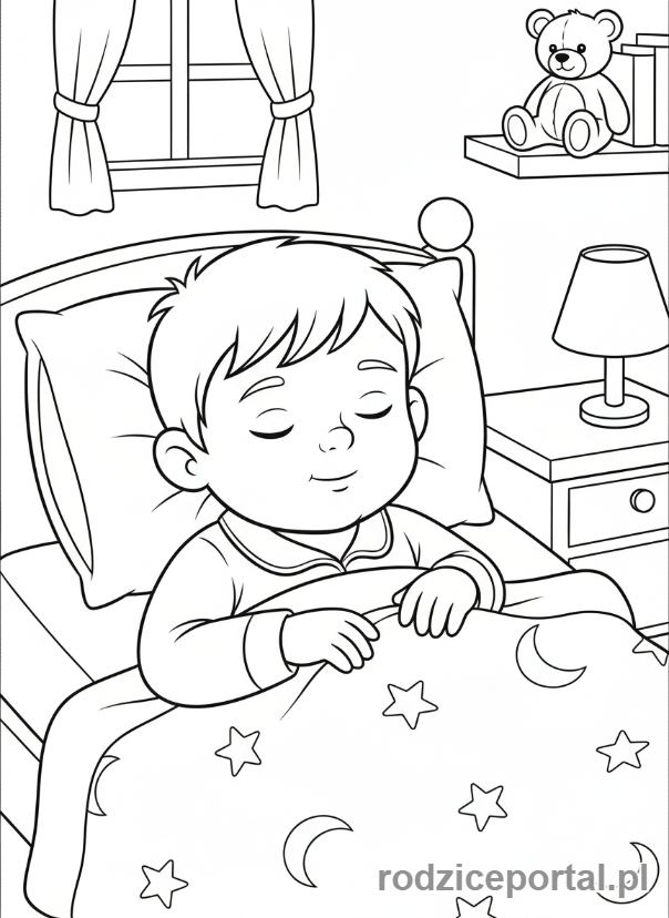 Kolorowanka Wieczorna Rutyna - Dziecko w łóżku