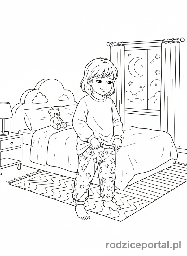 Kolorowanka Wieczorna Rutyna - Dziecko zakłada piżamę