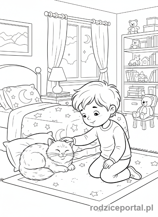 Kolorowanka Wieczorna Rutyna - Dziecko żegna się z kotem