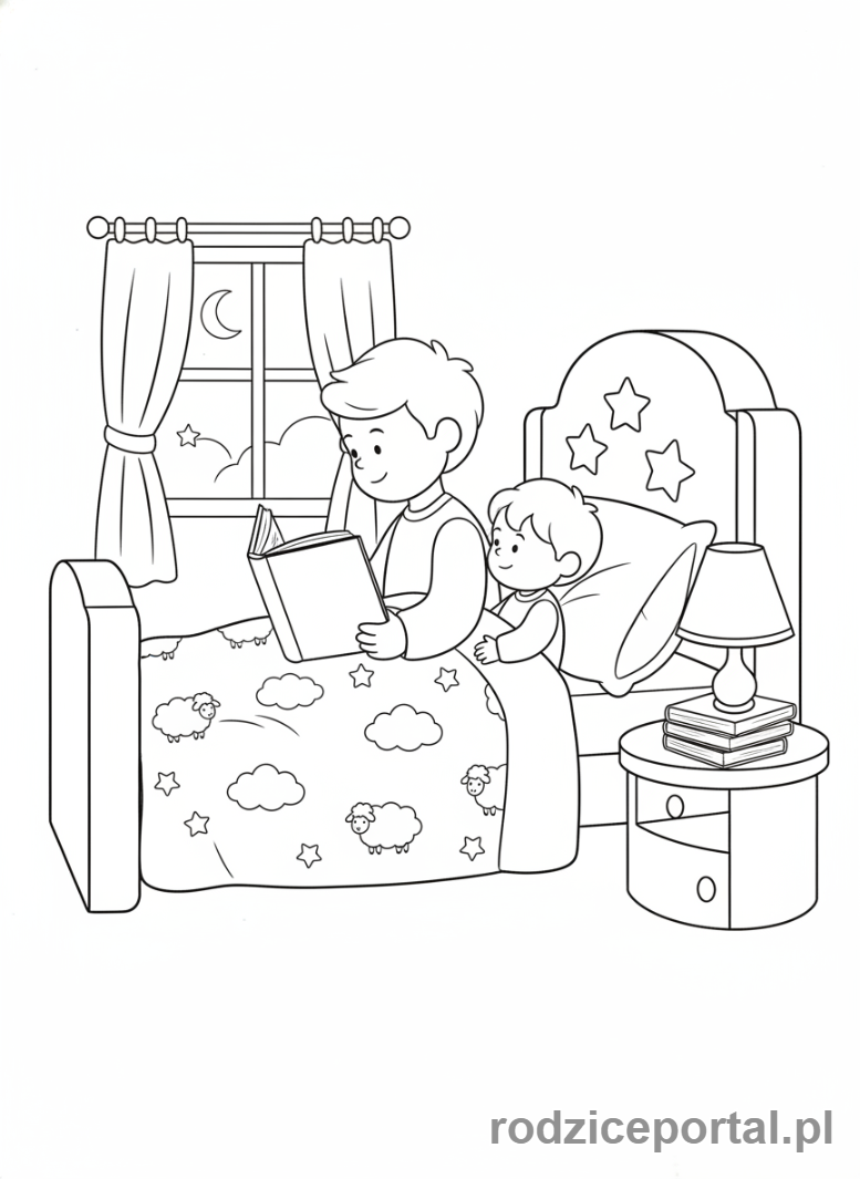Kolorowanka Wieczorna Rutyna - Rodzic czyta bajkę