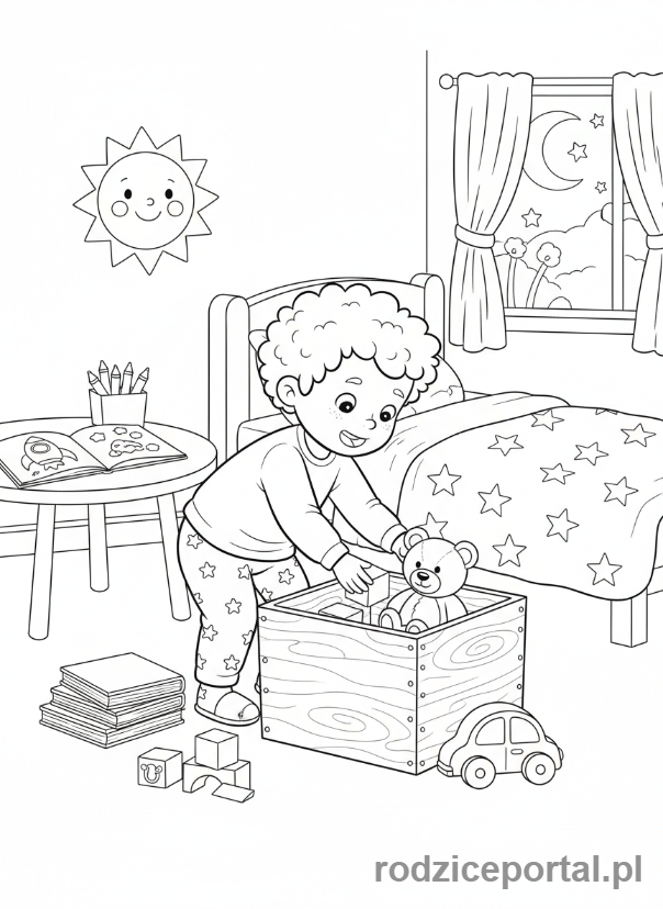 Kolorowanka Wieczorne Rytuały - Sprzątanie zabawek