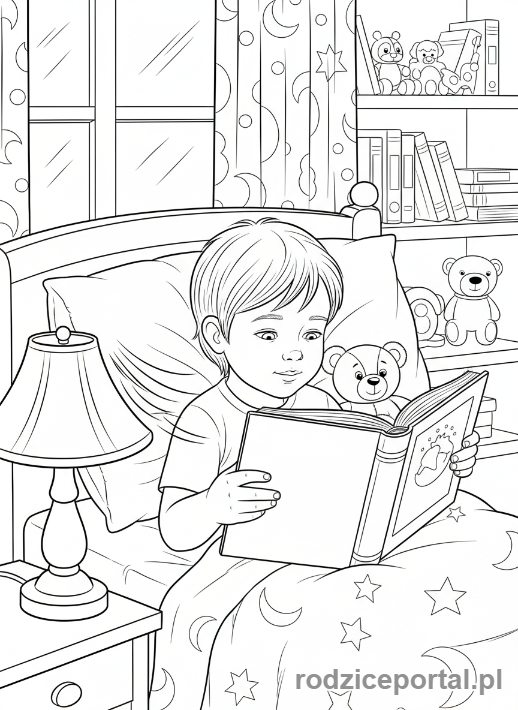 Kolorowanka Wieczorne Wyciszenie - Dziecko czyta książkę