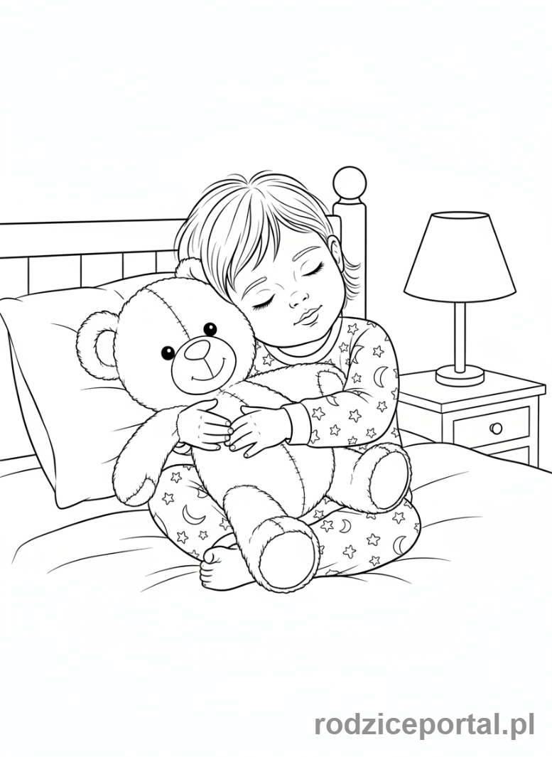 Kolorowanka Wieczorne Wyciszenie - Dziecko z misiem