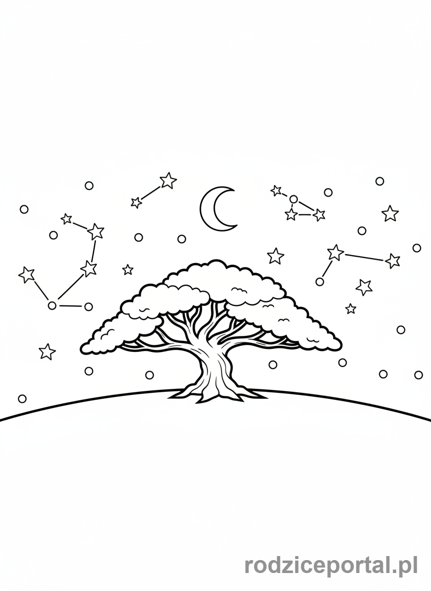 Kolorowanka Wieczorne Wyciszenie - Gwiaździsta noc z drzewem
